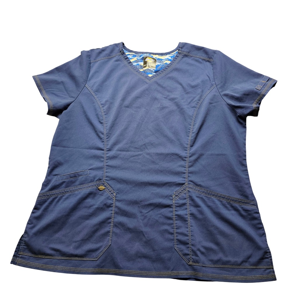 Dickies Scrub Top Womens XL Navy Blue V-Neck Contrast Stitch Utility Pockets